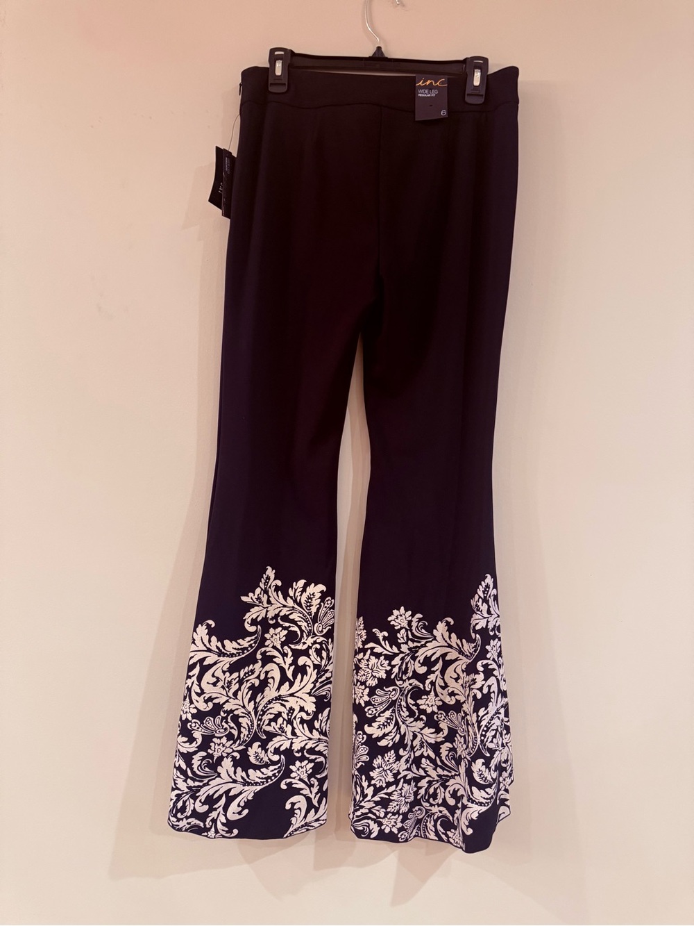 INC International Concepts Black Flared Pants with White Floral Hem - Picture 4 of 9